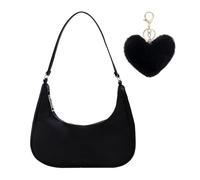 ZGDEIWGF 1 bolso de hombro negro, 1 colgante de peluche, bolso de hombro de media luna, bolso de mano de moda, bolso de hombro pequeño y ligero, bolso de hombro texturizado para mujer, bolso de mano