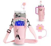ZGDEIWGF 1 funda para taza rosa y 2 tapones de pajita de silicona, bolsa para botella de agua con correa para el hombro, bolsa para botella de agua portátil, tapón de pajita reutilizable
