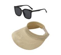 ZGDEIWGF 1 sombrero de paja tejido, 1 gafas de sol, sombrero de paja plegable, sombrero de sol de ala ancha, sombrero de paja ajustable con parte superior hueca, sombrero de protección solar para