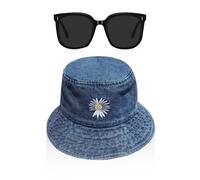 ZGDEIWGF 1 sombrero de pescador de mezclilla, 1 par de gafas de sol, sombrero de sol para hombre, sombrero de verano para mujer, azul, S/M