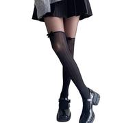 Zgehnao Medias para mujer, mallas de seda con ribete de volantes y lazo, medias altas hasta el muslo, mallas de seda con empalme de malla de contraste