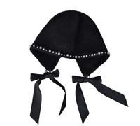 Zgehnao Sombrero de forro polar con lazo, perlas y borlas con orejeras, elegante sombrero cálido para mujer, elegante sombrero negro con orejeras para armario de mujer, Negro, 5-6