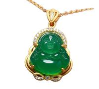 ZGHQHCDRH Collar con colgante de Jade VERDE Natural Feng Shui para mujer, calcedonia auténtica para Yoga, Buda Maitreya, Buda sonriente masculino, chapado en S925