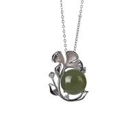 ZGHQHCDRH S925 Women's Necklace, Inlaid Green Jade Ginkgo Flower Pendant Necklace Hetian Jade Temperament Women's Collarbone Set Chain Jewelry Gift (925 29 * 21mm)