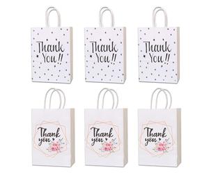 Zgwansui Paquete de 6 bolsas de regalo de agradecimiento, bolsas de papel kraft blanco con asas de 8.3 x 5.9 x 3.1 pulgadas, pequeñas bolsas de agradecimiento para recuerdos florales, bolsa de regalo