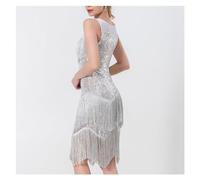 ZGXNYI Lentejuelas Borla Traje de Baile Vestido con Flecos de Lentejuelas for Mujer, Vestido Sexy de Baile Latino, Traje de Escenario actuación Tango Rumba Vestido Latino Baile Lentejuelas(Silver,XL)