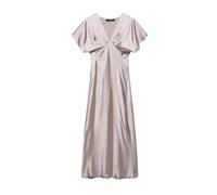 ZGXNYI Vestido Elegante Vintage Chic de satén for Mujer, Liso, con Escote en V, Plisado, Manga Corta, Recto, Largo, for Verano(Light Grey,M)