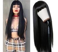 Zhangpu Pelucas Largas y Rectas para Mujer, Peluca de Pelo Negro Elegante y Elástica Suave con Flequillo para Uso Diario