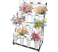 ZHANGshouf Expositor de Flores de Metal con Ruedas para jardín, Patio, Interior y Exterior, 4 Niveles, con Cubos de plástico, de Hierro, Color Blanco, Capacidad para 16 Cubos.