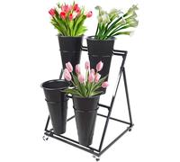 ZHANGshouf Expositor de Flores de Metal con Ruedas, Soporte para Plantas de 2 Niveles con 4 Cubos de plástico, para Exterior, Interior, jardín, Patio, decoración, Soporte de Flores de Hierro Negro.