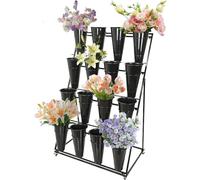 ZHANGshouf Expositor de Flores de Metal con Ruedas y Cubos de plástico para decoración de Interiores y Exteriores, jardín, Patio, 4 Niveles, 16 barriles, de Hierro Negro.