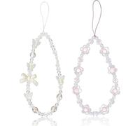 ZhangyiHot 2 correas de pulsera de teléfono con cuentas de lazo blanco y morado, mariposa de cristal, flor y perla, correa de muñeca para mujer, llavero, diseño de moda
