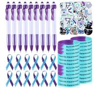 Zhanmai Kit de concienciación sobre la prevención del suicidio, 50 pulseras de silicona, 50 cintas de concienciación, 50 pines, 50 bolígrafos retráctiles de cinta morada, 50 calcomanías de