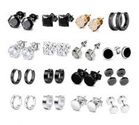 ZhaoCaiWJ 16 Pares Pendientes Hombre de Acero Inoxidable, Pendientes Redondos y Cuadrados con Cristal Circonita, Aros y Botón Hip Hop Piercing, Negros Plateados y Dorados, Hipoalergénicos Sin Níquel