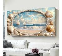 ZHAOLIN Lienzo grande con diseño costero y marco de madera, escenas de playa abstractas modernas con veleros, olas y conchas, para baño, 50 x 100 cm, sin marco.
