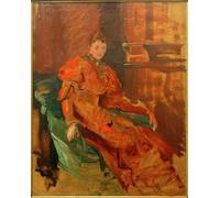 ZHAOSHAN Famoso Arte Impresión Impresion Lienzo Signora in abito rosso su poltrona verde di Curt Herrmann para Decoración de Paredes 60x90cm