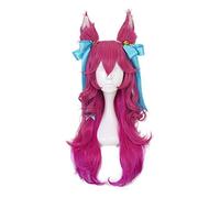 ZHAOSJ Peluca de Cosplay Spirit Blossom Ahri con Orejas y Accesorio para el Cabello, Largo Ondulado Rosa Azul Ombre