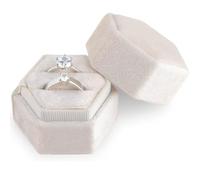 ZHAOYCSH Caja de Anillos de Terciopelo Elegante Hexagonal, Joyero para Compromiso y Boda con Doble Ranura y Tapa Extraíble para Ceremonias, San Valentín o Regalo de Pareja (Beige)