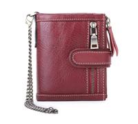 ZHCHAO Cartera con Doble Cremallera y Cadena for Hombre, Tarjetero de Capa Superior Corta, Clip for Dinero de Triple Pliegue(Rosso)