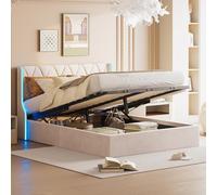ZHDOKA - Cama con luz LED, somier de lechos de madera, cama doble tapizada con almacenamiento, marco de camas moderno para 2 personas para adultos y adolescentes, terciopelo beige (140 x 200 cm)