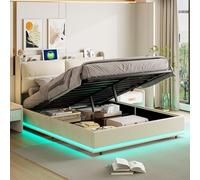 ZHDOKA - Cama con luz LED y almacenamiento, 160 x 200 cm, cama doble tapizada con puerto de carga USB y somier de láminas, marco moderno para adultos y adolescentes, terciopelo, color beige