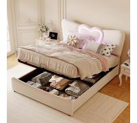 ZHDOKA - Cama con maletero con USB y cabecera de camas LED en forma de corazón, cama doble con espacio de almacenamiento y somier de lechos de madera, marco de camas para adultos y adolescentes (beige