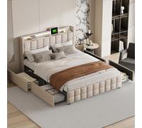 ZHDOKA - Cama doble acolchada con LED y carga USB, 160 x 200 cm, cama de 2 personas con 4 cajones de almacenamiento y somier de lechos de madera, camas para adultos y adolescentes, sin colchón (Beige)