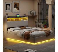 ZHDOKA - Cama doble con leche, cabecera de cama con rayas y almacenamiento, cama con puertos de carga USB y luz LED, camas para adultos y adolescentes, color blanco