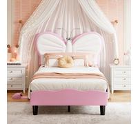 ZHDOKA Cama Infantil para niña 90 x 200 cm, Cama Individual con somier de láminas, Cama Acolchada con lámpara de Lectura, Camas de Princesa, cabecero de Mariposa con Altura Ajustable (Rosa)