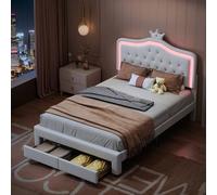 ZHDOKA Cama infantil tapizada de 140 x 200 cm, corona de princesas con LED y cajones, cama juvenil con cabecero de altura regulable y somier, PU blanco, sin colchón