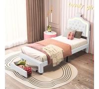 ZHDOKA Cama infantil tapizada de 90 x 200 cm, corona de princesa con LED y cajones, cama juvenil con cabecero de altura regulable y somier, PU blanco, sin colchón