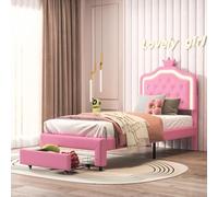ZHDOKA Cama infantil tapizada de 90 x 200 cm, corona de princesa con LED y cajones, cama juvenil con cabecero de altura regulable y somier, PU rosa, sin colchón