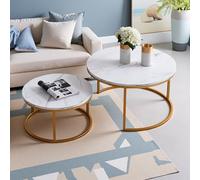 ZHDOKA Juego de 2 mesas de Centro de Aspecto mármol,mesas Bajas Redondas apilables,Estructura de Metal,Mesa Redonda Moderna para Sala,Dormitorio,Oficina,apartamento, diámetro 80/60 cm(Dorado+Blanco)