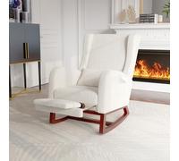 ZHDOKA Mecedora con Reposapiés Ajustable, Rocking Chair con Bolsillo Lateral y apoyabrazos, cojín Lumbar, sillón Relax repleto Marco de Madera(Beige Blanco)