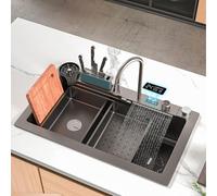 ZHENCHAO Fregadero De Un Seno De Acero Inoxidable 304, Lavabo De Cocina con Estación De Trabajo En Cascada con Grifo Extraíble (Color: Negro-Gris, Tamaño: 75x46cm)