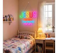 Zhengmy Letrero de neón de Jesús para decoración de pared, alimentado por USB, para decoración del hogar, iglesia, funciona con pilas, The Way The Truth The Life Faith Alfabeto, luz LED para