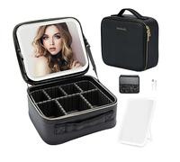 ZhenGuiRu Estuche de Maquillaje con 3 Colores Ajustables de Brillo LED Espejo cosmético Estuche de Viaje divisores Ajustables Bolsa de Aseo para Mujer, Black, Bolsa de Maquillaje con Espejo LED