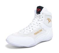 ZHENSI Botas De Boxeo Y Lucha Libre para Hombre Suela Suave Y Antideslizante para Entrenamiento Cruzado En Interiores,Blanca,44 EU