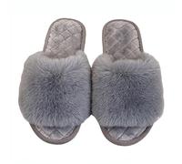 ZHER-LU Pantuflas mullidas y esponjosas para mujer, de verano, coloridas de plumas sintéticas, puntera abierta, sandalias sin cordones, Gray, X-Large