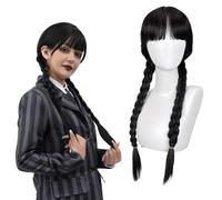 ZHER-LU Peluca negra con dos trenzas, peluca trenzada negra con flequillo, peluca larga trenzada, peluca para cosplay, Halloween, pelucas para mujer (flequillo (pelo))