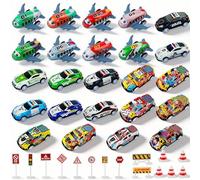 ZHITENG 39 Piezas Coches para Niños, Mini Coches Juguete, Metal Set de Pull Back Cars con 15 Barricadas 8 Juguetes de Avión a Partir de 6 Años para Niños para Regalos Infantiles, Regalo de Cumpleaños