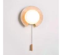 ZHKABEG Aplique de pared de mármol Wabi-sabi de estilo japonés, lámpara de pared redonda de travertino amarillo con pantalla de vidrio e interruptor de extracción, lámpara de pared de piedra natural