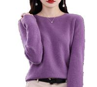 ZHKVAG Cashmere Sweaters for Women, New Womens Solid Color Crew Neck Long Sleeve Cashmere Sweaters Pullover Sweater (L,Dark Purple)