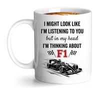 zhongko Taza de café de cerámica con texto en inglés "Formula 1 Gifts-F1, Merchandise-in My Head I'm Thinking About F1, divertida taza de café de cerámica, regalos para fanáticos de la Fórmula Uno