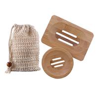 Zhongtou 2 Piezas Jabonera Madera Natural Jabonera Ducha Hecho a Mano Jabonera Bambu con Drenaje y 1 Bolsa Jabon Sisal Natural Jaboneras para Ducha Esponjas de Baño Cocina