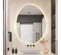 Zhoudong 75x100cm Espejo Decorativo En Forma De Lágrima Asimétrica Sin Marco, 75x120cm Espejo de Baño Antivaho con Interruptor Táctil, 3 Color Regulable(Backlit,50x70cm)