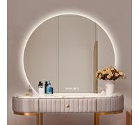 Zhoudong Espejo de Maquillaje Media Luna con Luz LED, Antivaho Espejo de Pared de Baño 80/90/100 cm, Regulable Luces Tricolores, Irregular Semicircular(Under Cut,32"x36")