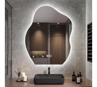 Zhoudong Espejo Decorativo Sin Marco Forma de Nube con Botón Táctil, Espejo Maquillaje de Baño de Pared Irregular Antivaho, LED Luz Regulable, 60/70/80cm(20"x28")