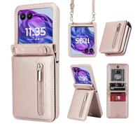 ZHOZEXIN Compatible con Motorola RAZR 2025/2024. Funda de Piel sintética, Tipo Cartera con Cremallera, Ranura para Tarjetas, Correa Cruzada, Funda para Moto RAZR 60/50（Oro Rosa）