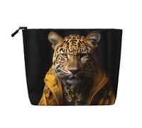 ZhRiYan Bolsa de maquillaje de cáñamo falso, diseño de leopardo en una chaqueta de cuero, versátil bolsa de aseo de viaje, organizador de cosméticos reutilizable con bolsa con cremallera, negro, talla